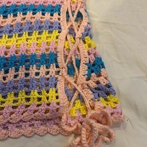 Hot and Delicious- Crochet Tie-Side Mini Skirt Beach Cover Up in Pastel Stripes